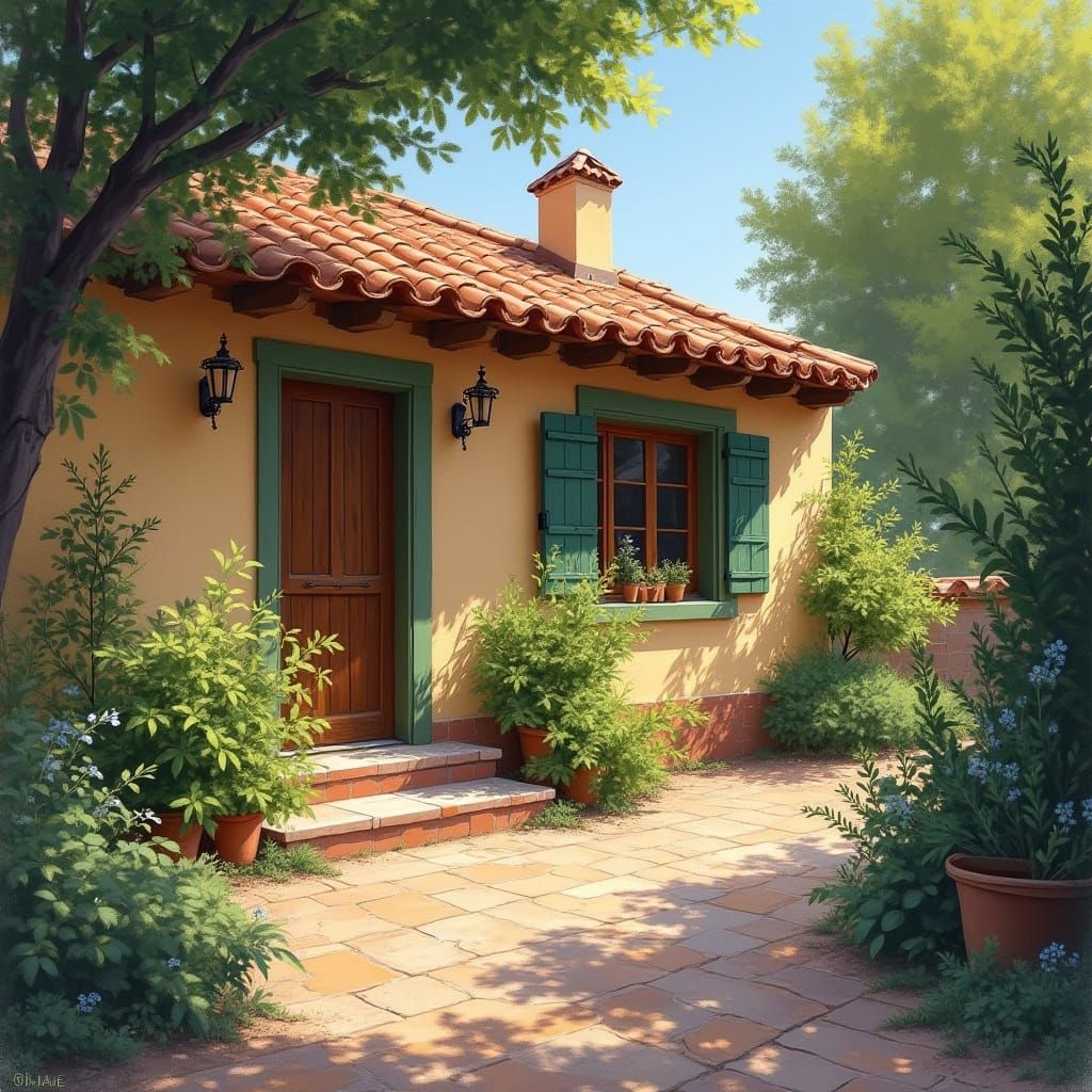 Impressionistic Casa with Terracotta Tiles and Lush Greenery