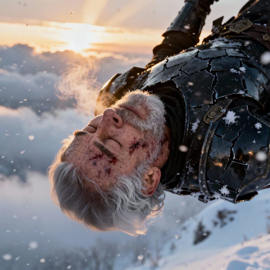 Elderly Warrior's Cinematic Portrait in Snowy Storm