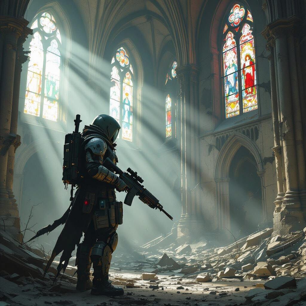 Stalker in Decaying Cathedral: Dark Surrealism