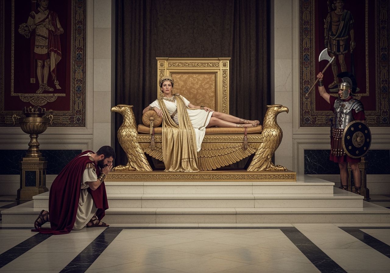 Regal Roman Empress on Eagle Divan in Lavish Throne Room