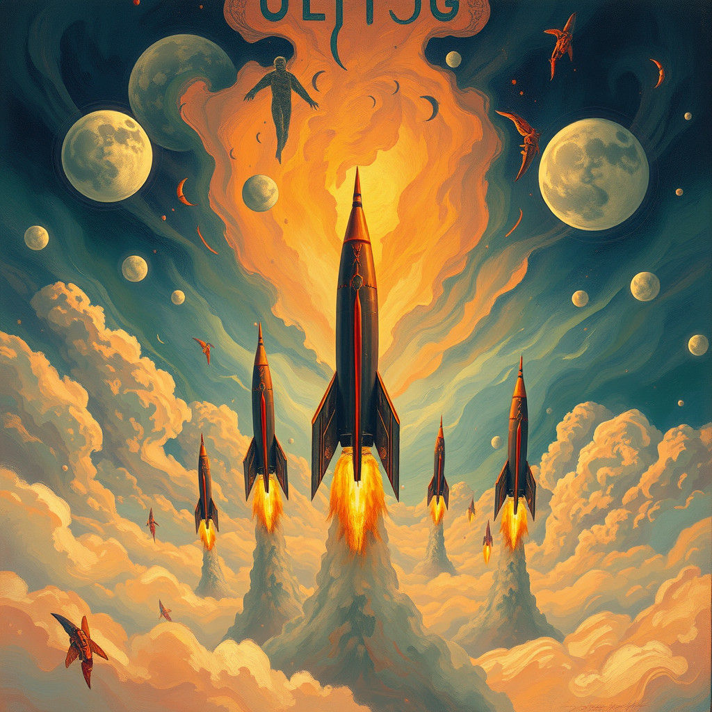 Surreal Rockets Ascend in Dreamlike Roger Dean Landscape