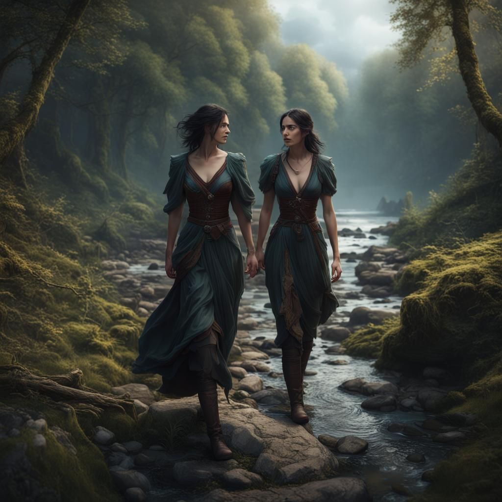 Woman Walking in Woods: Detailed Fantasy Art