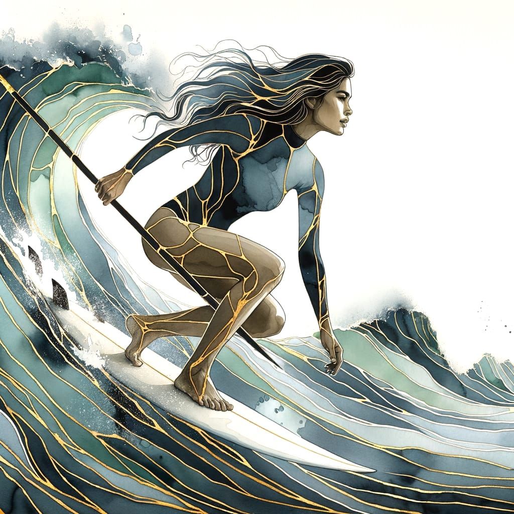Vibrant Hispanic Surfer Rides Towering Wave in Watercolor an...