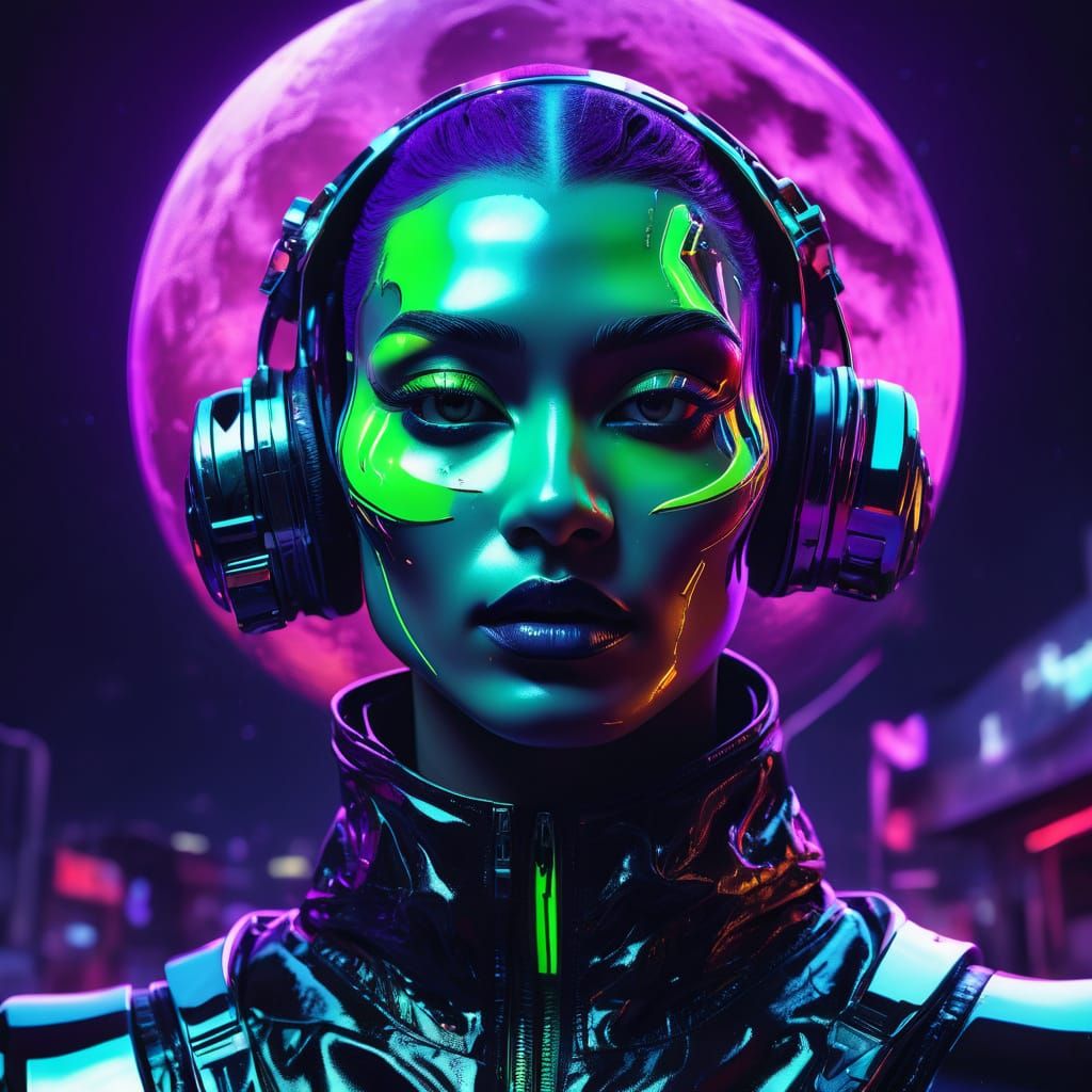 Confident Futuristic Hero Unveils Neon City in Glowing Skies