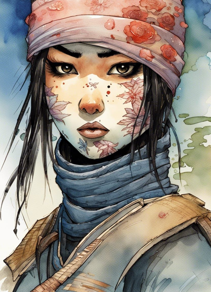 Watercolor Kunoichi Girl with Scars and Balaclava