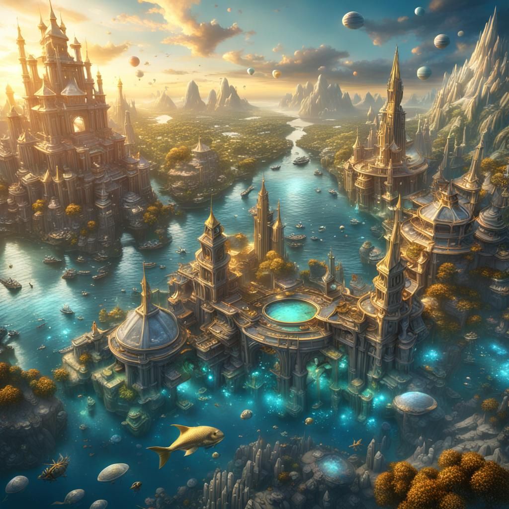 Crystalline Elven City in Tropical Waters: Fantasy Art