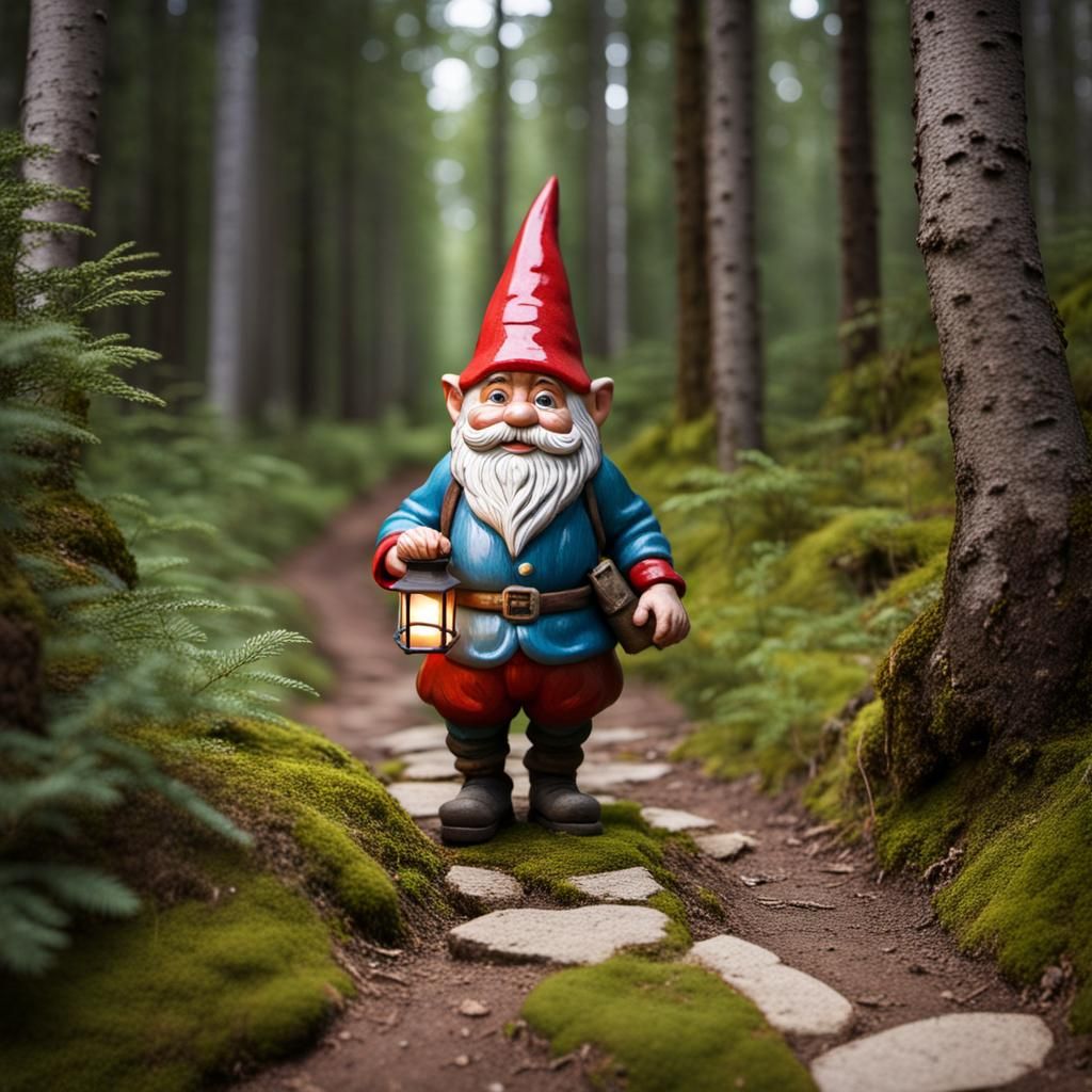Gnome with Lantern on Forest Path, Jenny Nyström Style