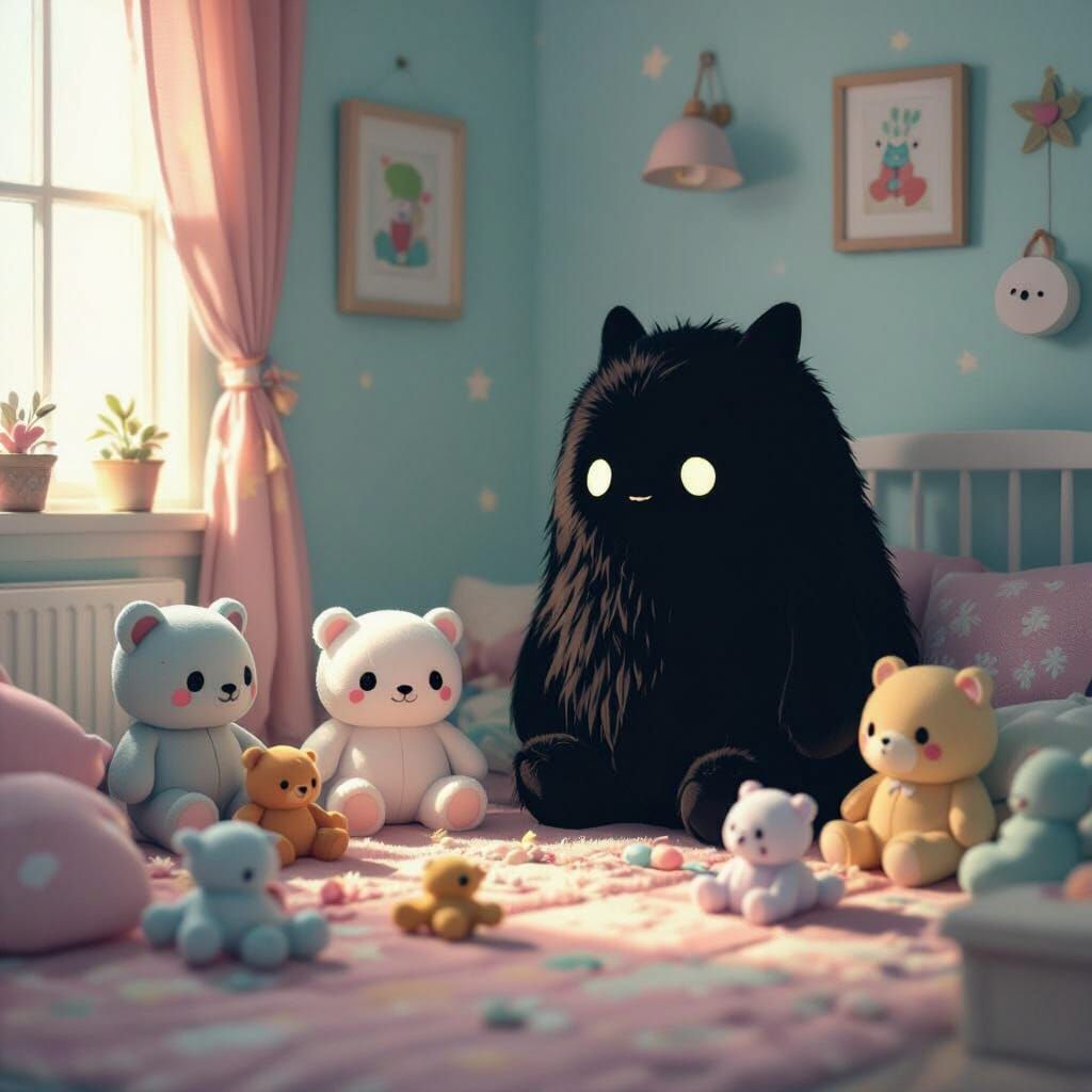 Eerie Plush Toys in a Pastel Room