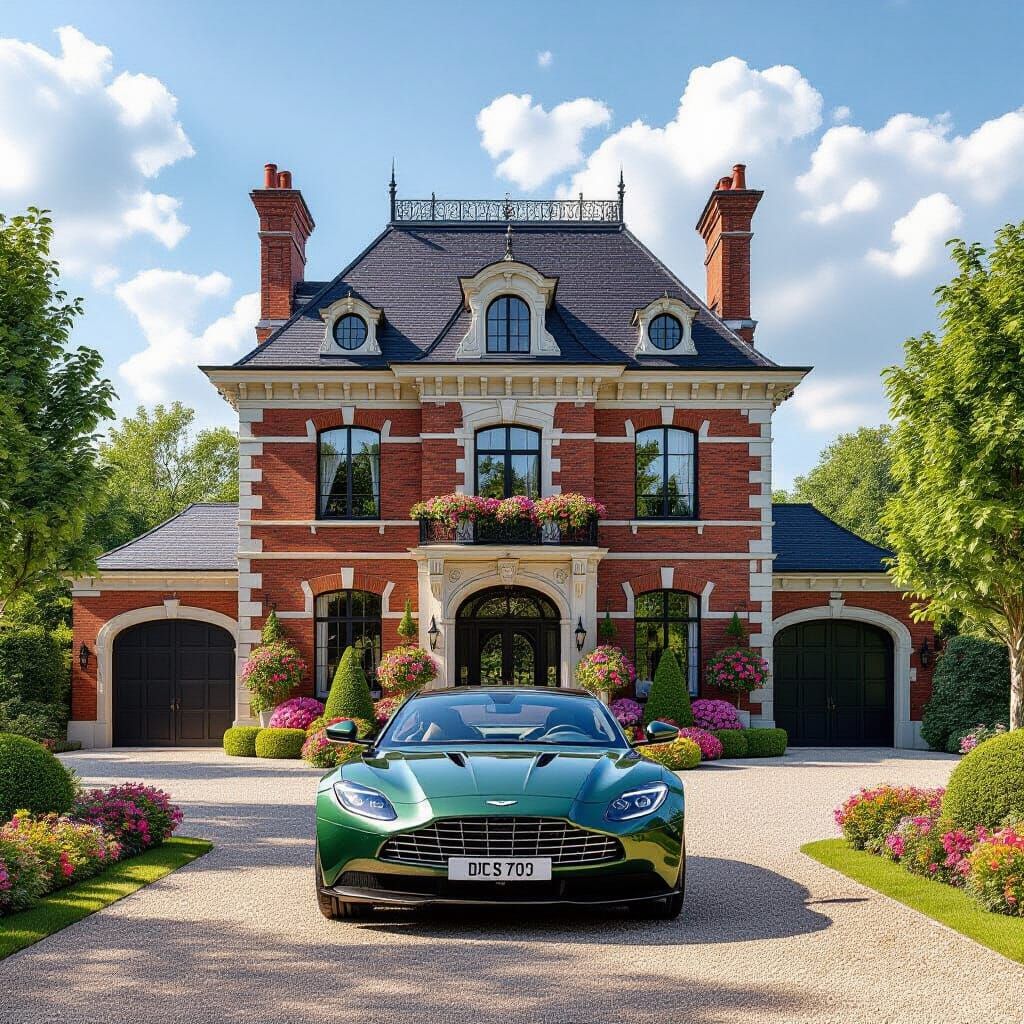 Victorian Chateau with Aston Martin in Painterly Style