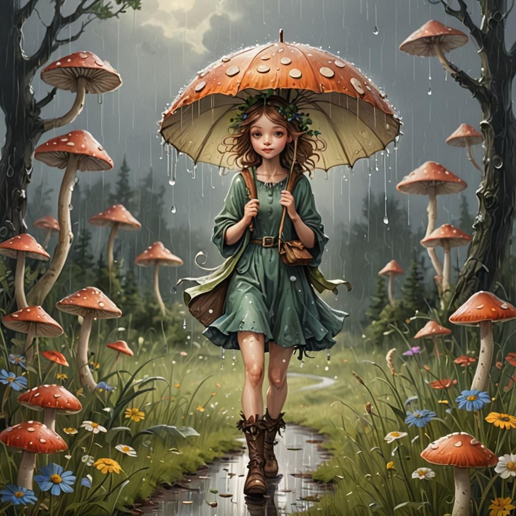 Fairy in Meadow Uses Mushroom as Umbrella