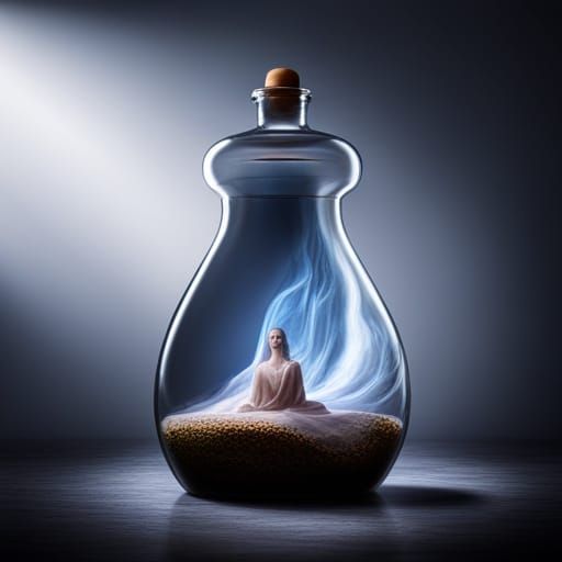 Mystical Genie Trapped Inside Glass Bottle: Digital Art
