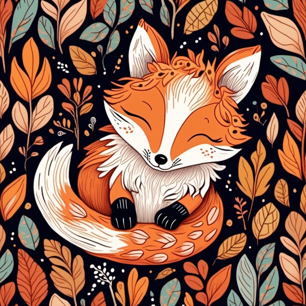 Baby Fox Sleeping in Autumn Forest, Art Brut
