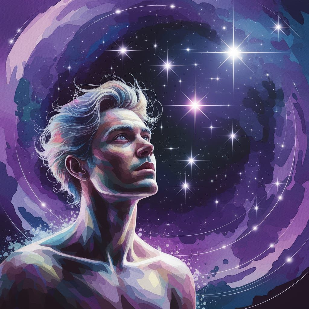 Man Gazing at Starry Night Sky in Watercolor