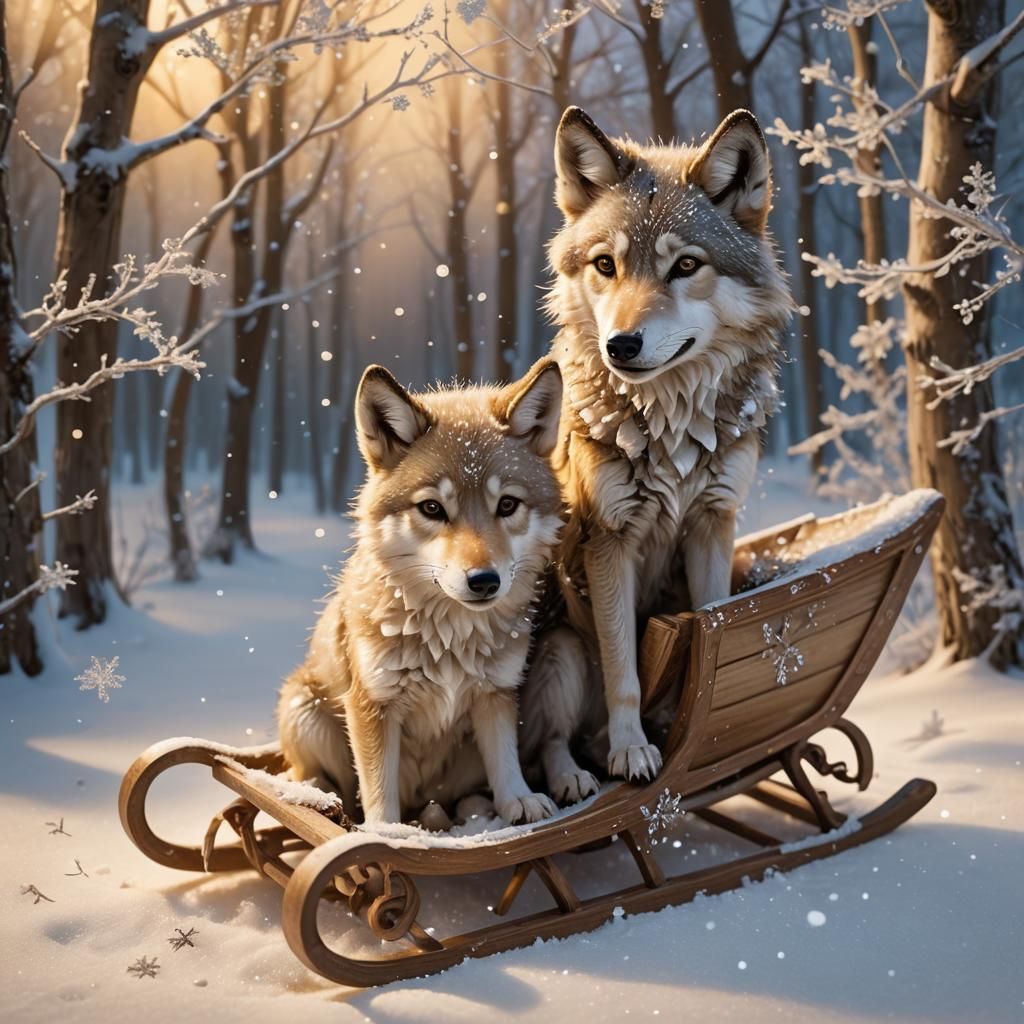 Miniature Wolf and Mouse Cuddle in Winter Wonderland