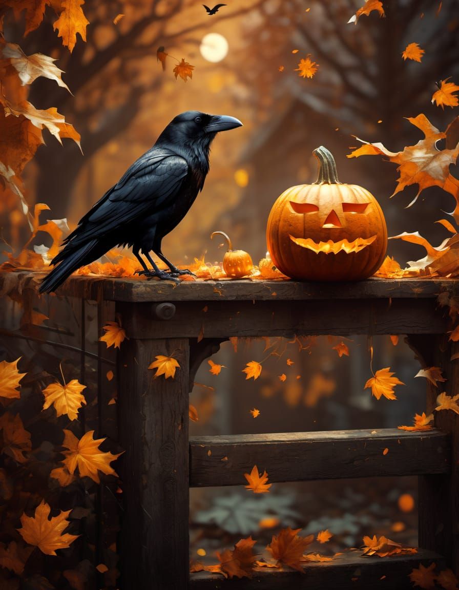 The ultimate Autumn vibe: Autumn colours 🍁🍂🍁, pumpkin 🎃, and a crow 🐦‍⬛