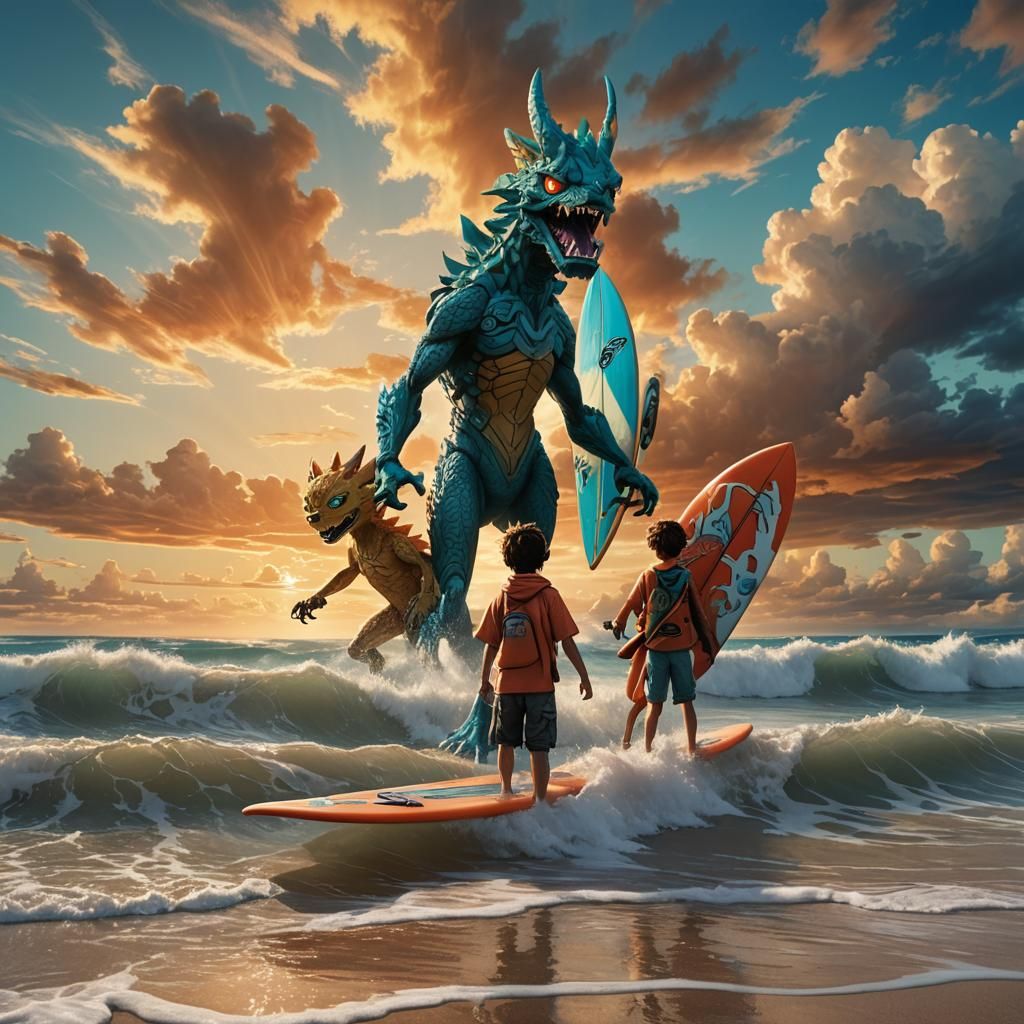 Boys, Surfboards, and Digimon at Sunset: Fantasy Art