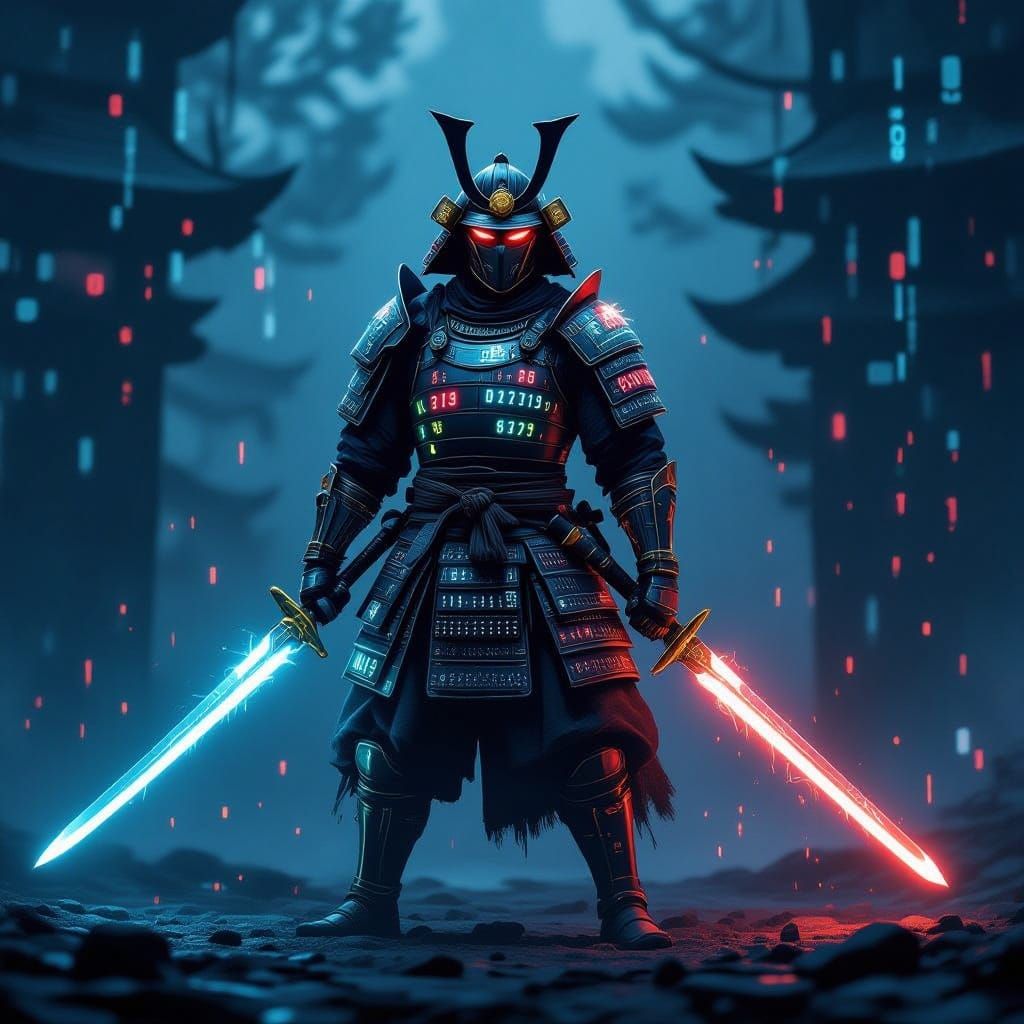 Binary Samurai Warrior in Digital Light
