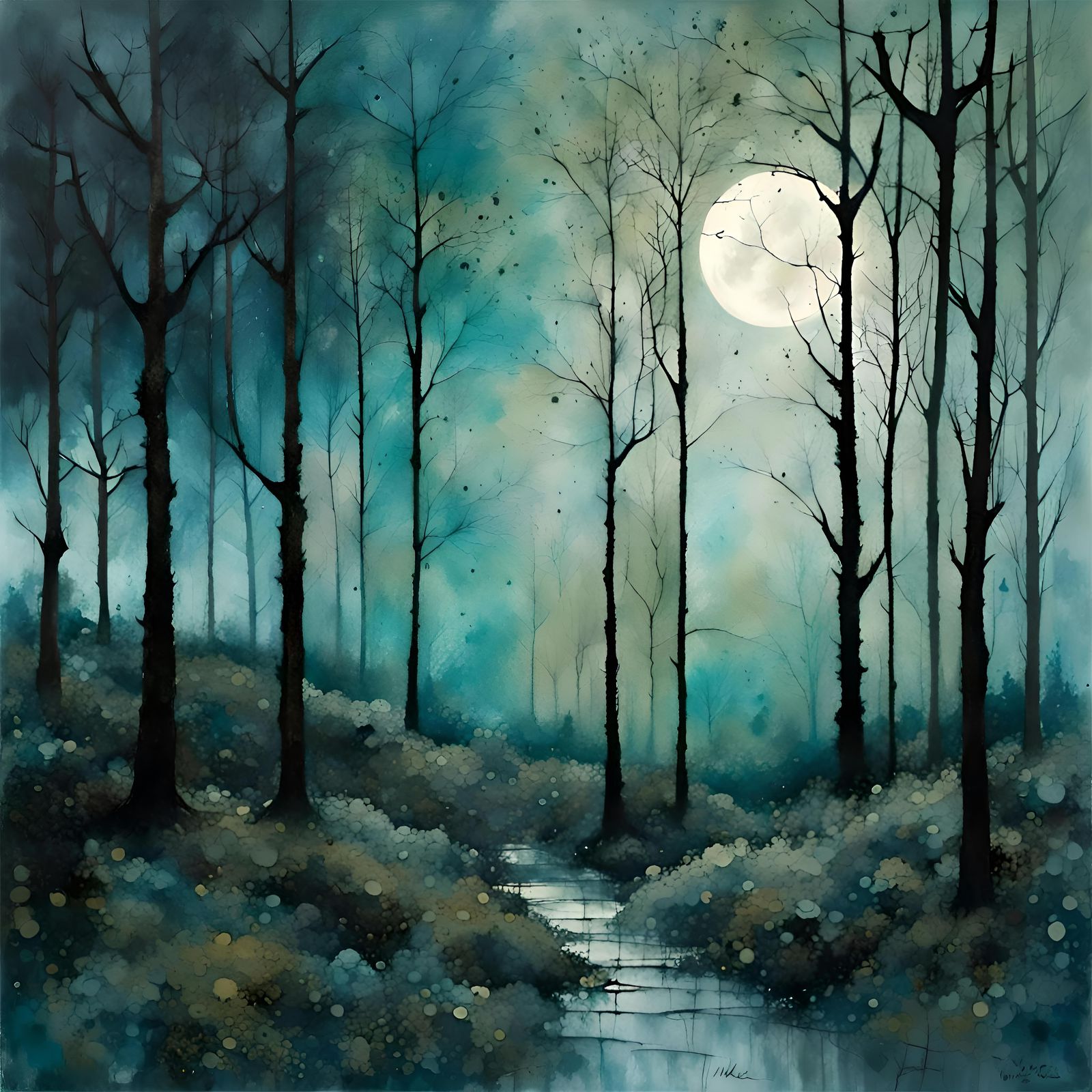 Blue Forest Moonscape in Art Brut Style