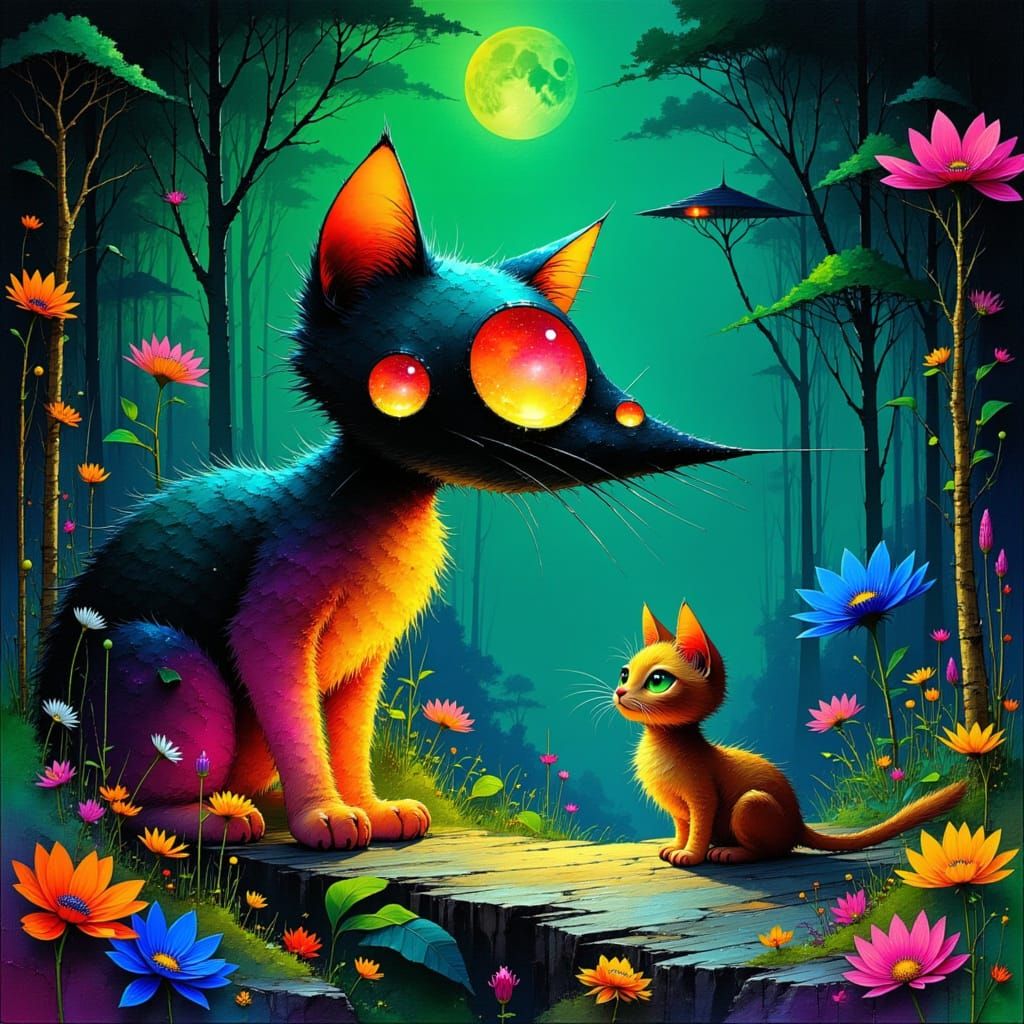 Bioluminescent Kittens in Sci-Fi Forest Glade