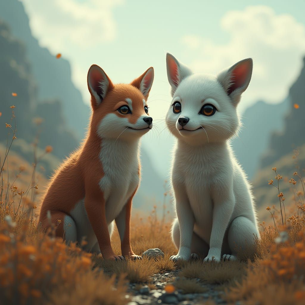 Photorealistic Animal Couple in Surreal Futuristic Scenery
