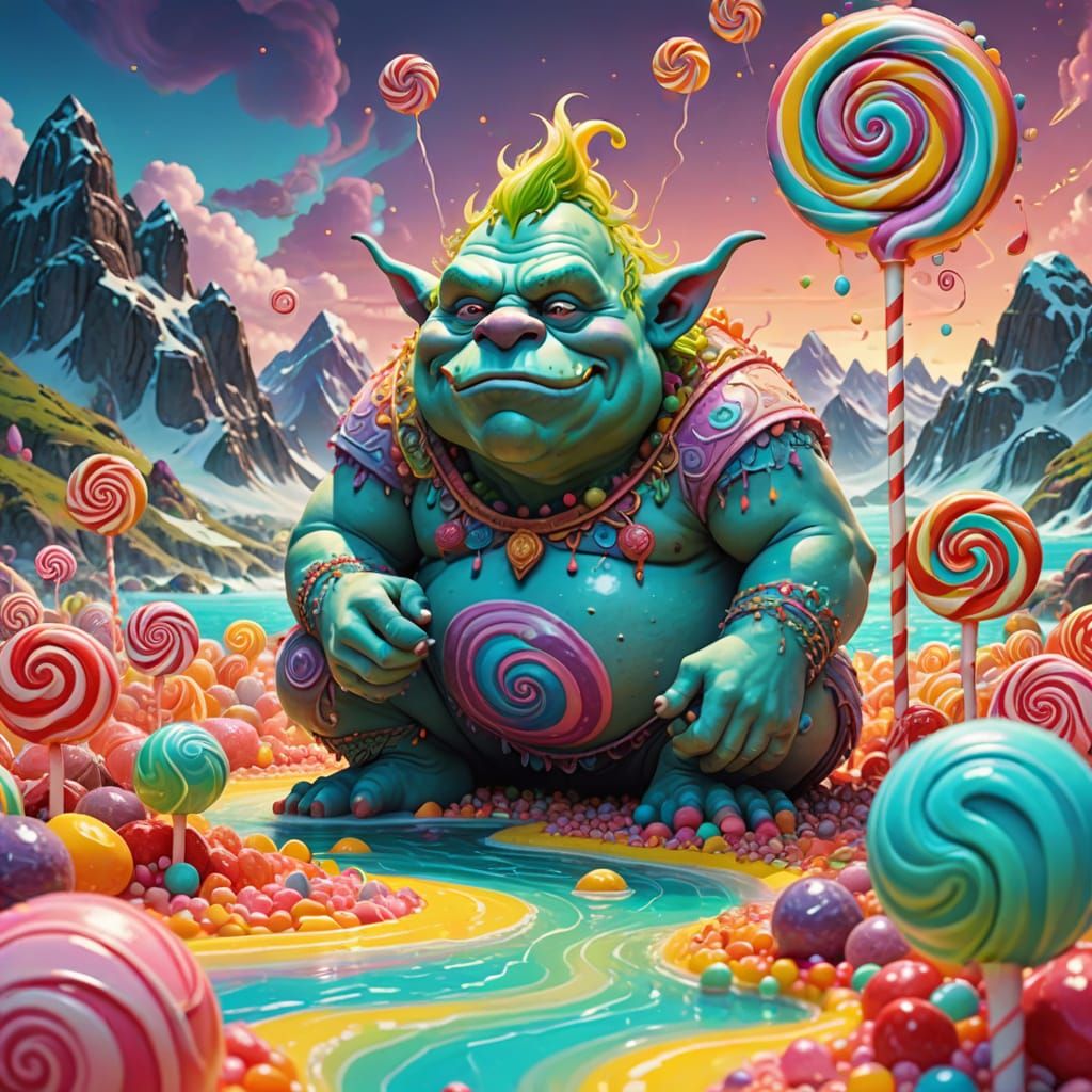 Ogre in Lollipop Lagoon: Whimsical Fantasy Art