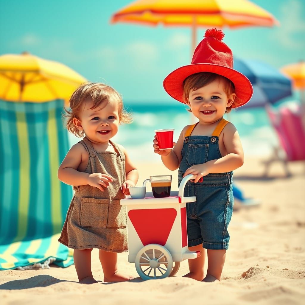 Joyful Toddlers Run Beachside Coffee Cart in Vibrant Photore...
