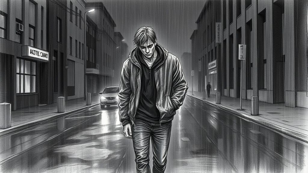 Sad Man Walking in Rain: Somber Pencil Sketch