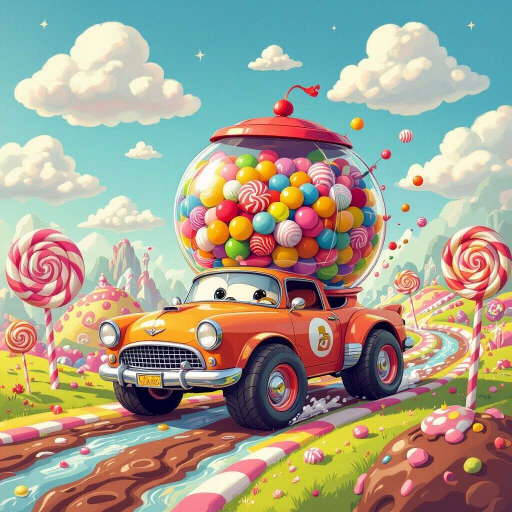 Cartoon Gumball Car in Candy Land Illustration