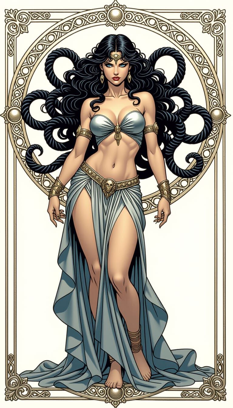 Medusa in Comics Art Style as Silver Statue