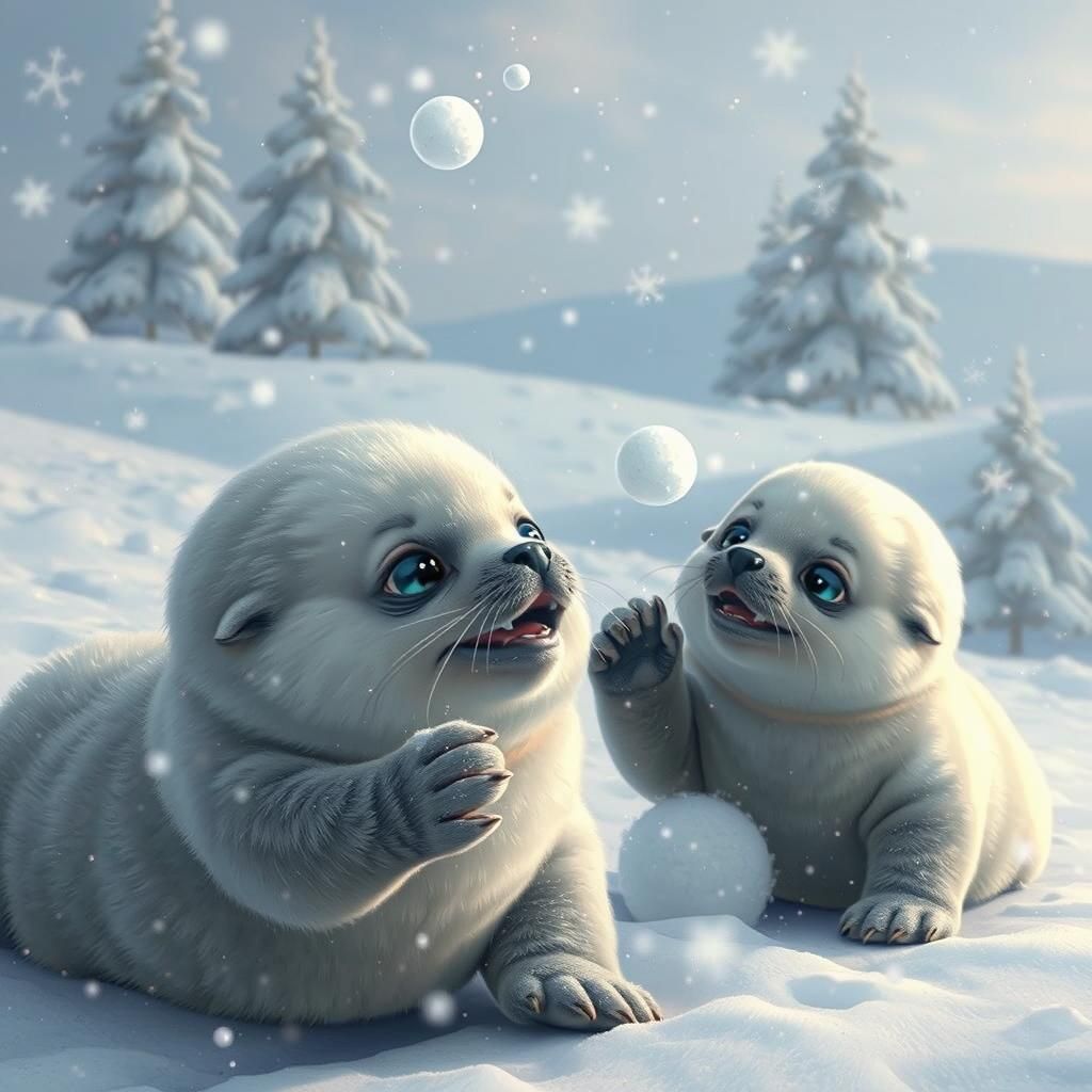 Baby Seals Snowball Fight in Winter Wonderland