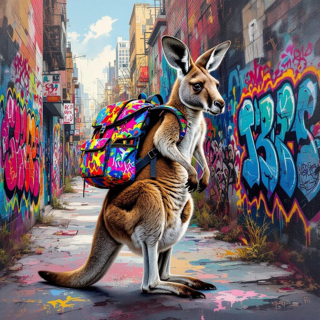 Kangaroo With Backpack in Urban Graffiti Landscape