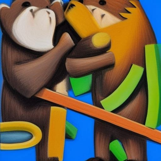 Beaver with big teeths chopping down a tree and kissing