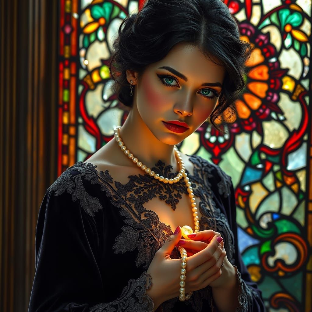 Refined Woman in Lavish Velvet Gown, Cradling Pearls Amidst ...