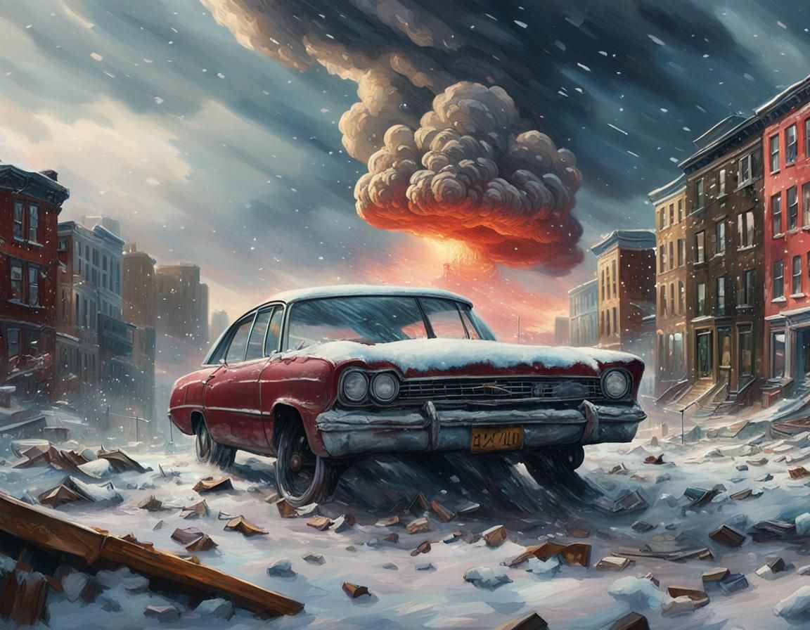 Explosive Winter Ruins in Cinematic Oil Painting Style