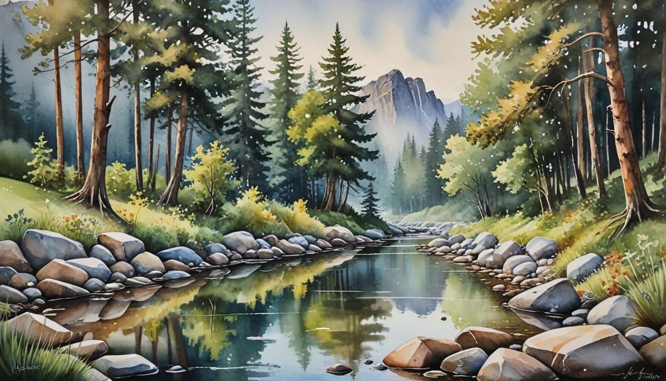 Watercolor Landscape with Trees and Creek