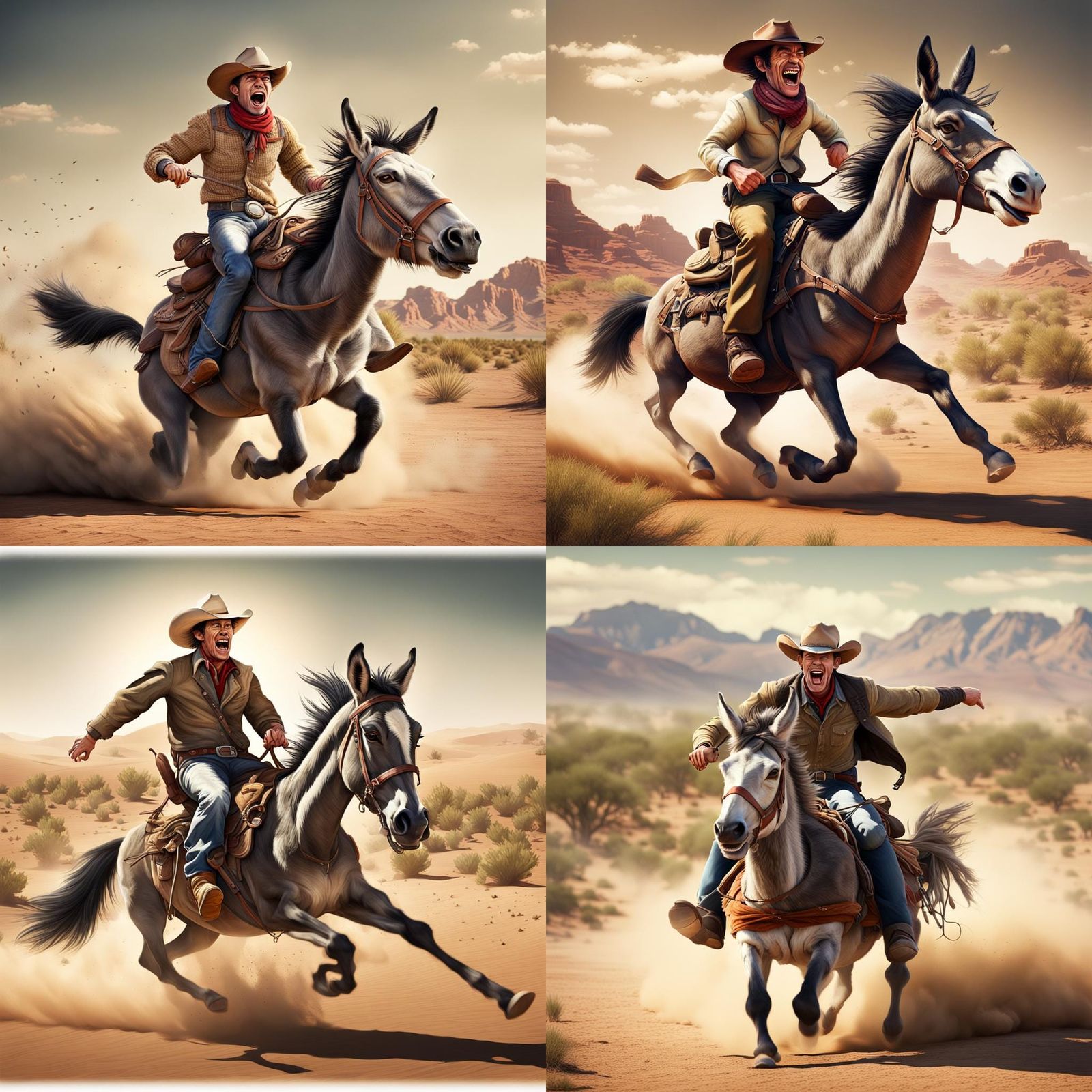Cowboy on Donkey in Desert: Crazy Toon Style