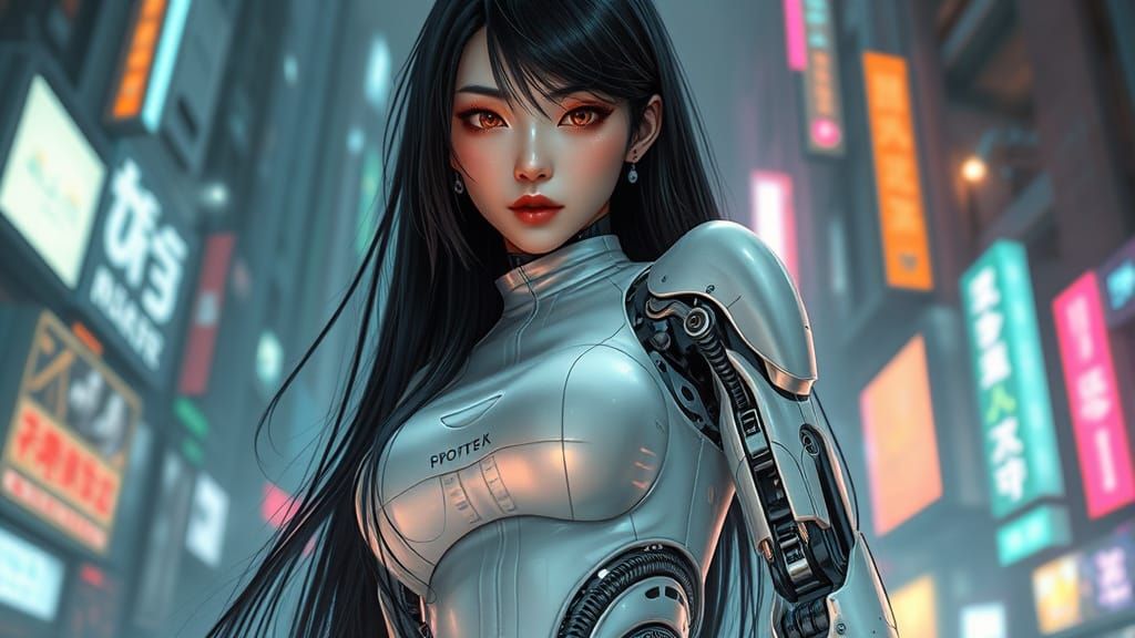 Hyperrealistic Asian Android Cyborg in Cyberpunk Setting