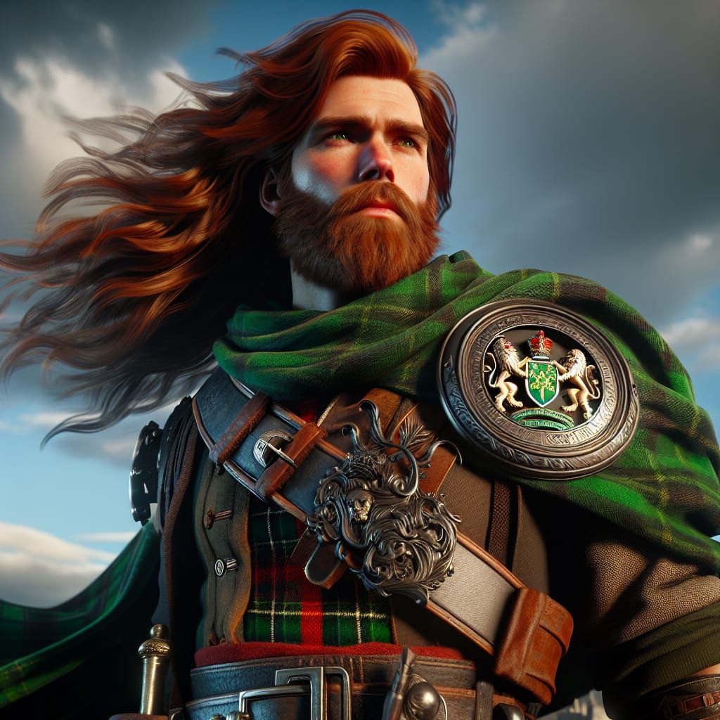 Scottish Man in Kilt with Coat of Arms, 3D Render