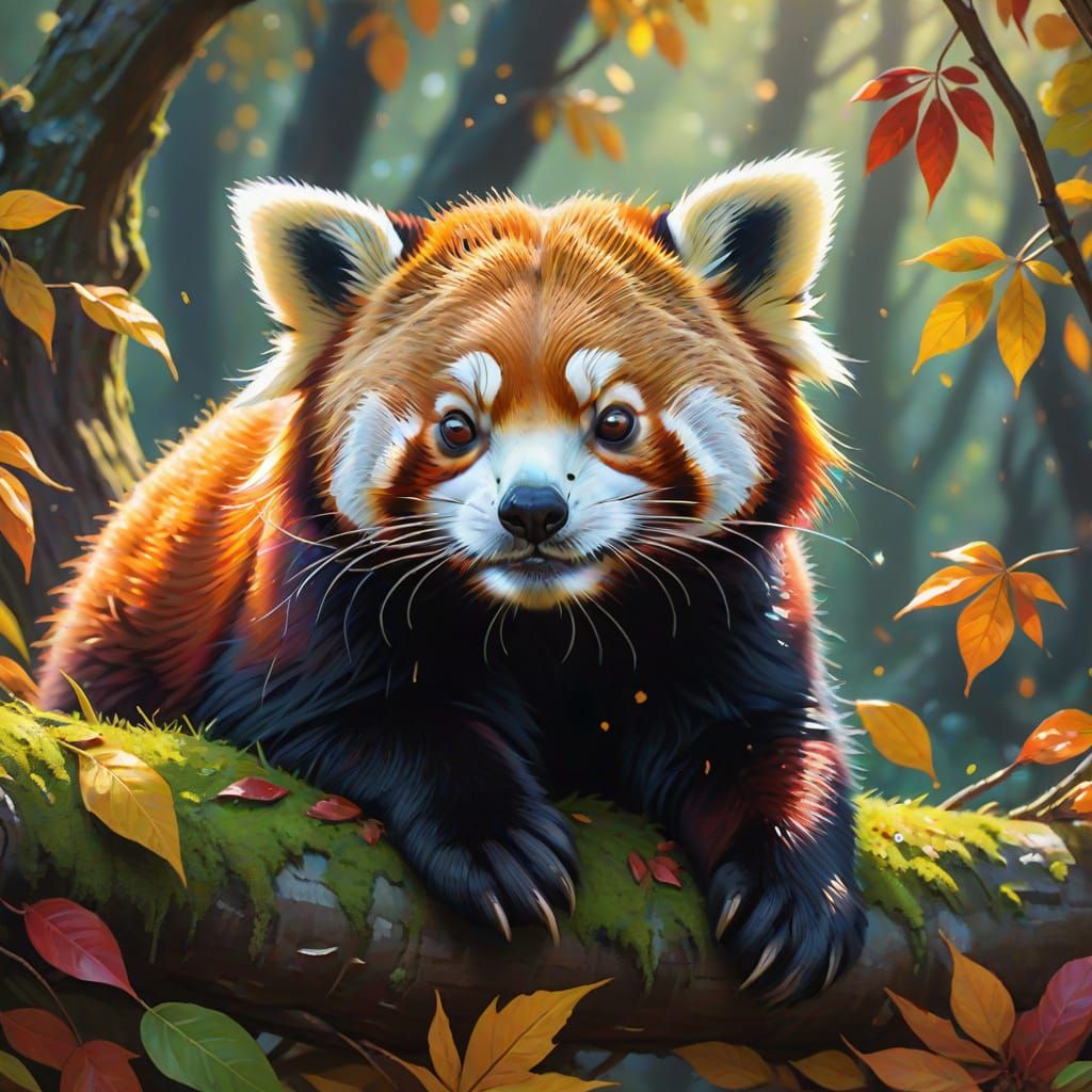 Red Panda in Autumn Leaves, Painterly Oil Painting Style