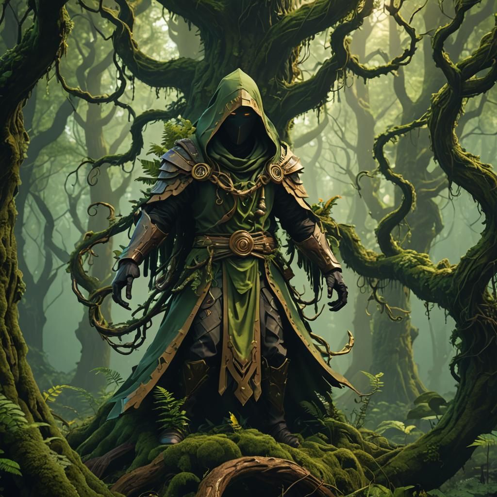 Hooded Druid Summons Forest Magic in Digital Art