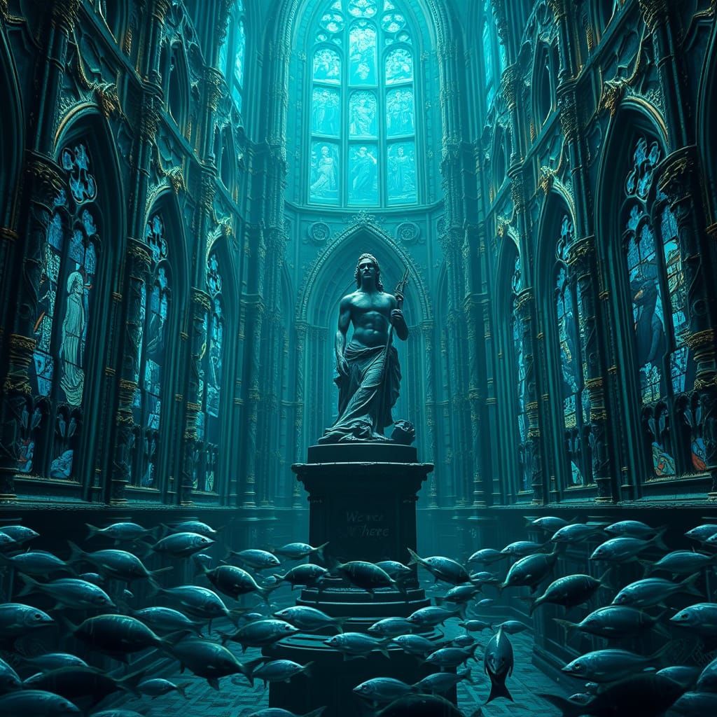 Gothic Cathedral Submerged in Coral Reef with Haunting Dodos...