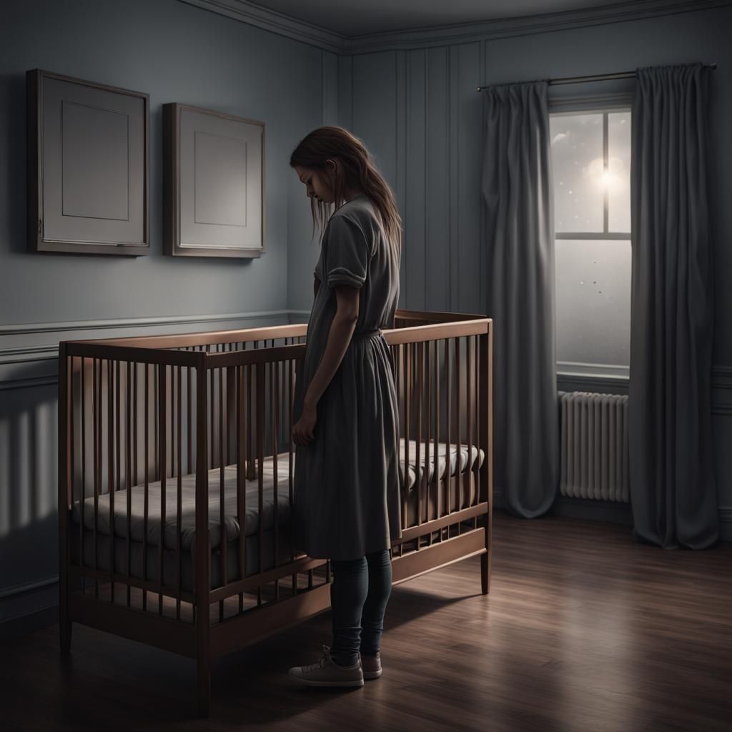 Sad Woman in Empty Nursery, Hyperrealistic Image