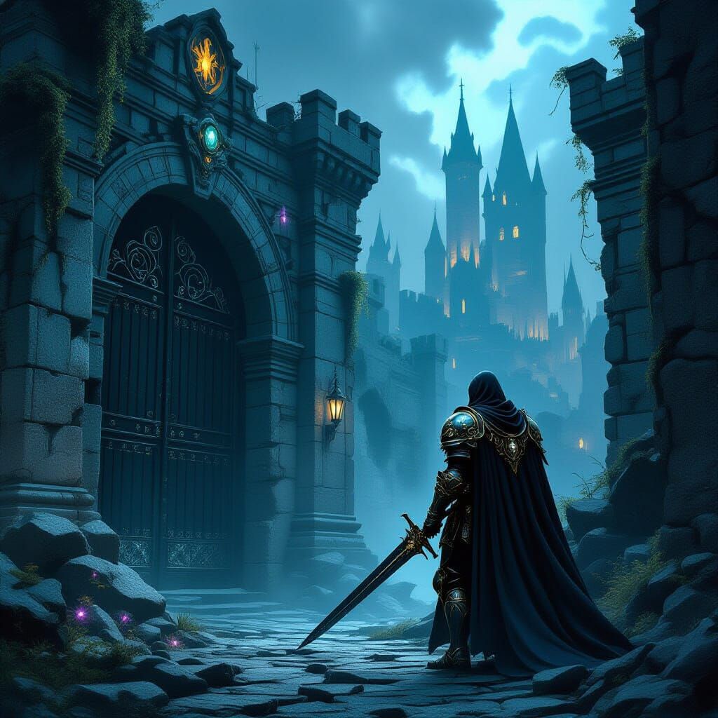 Knight Guards Forgotten City Gates in Ethereal Glow