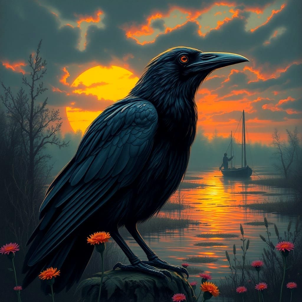 Raven at Sunset: Color Print Art