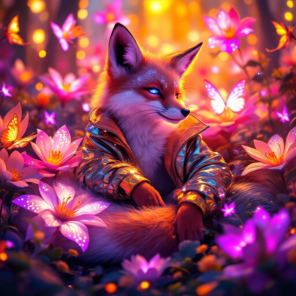 Glowing Fox in Cyberpunk Bioluminescent Forest