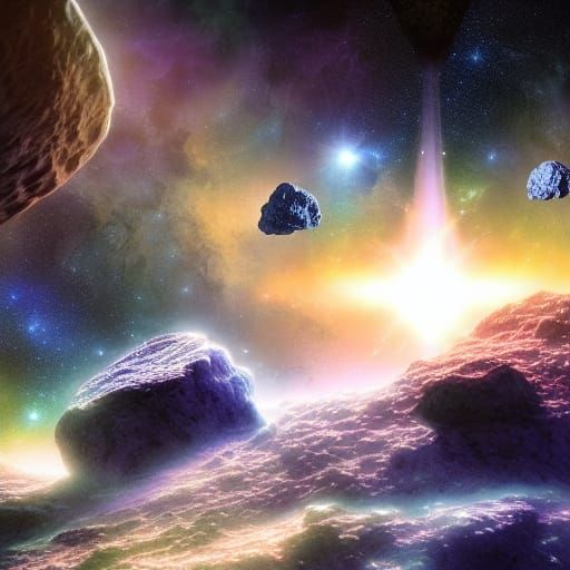 Detailed Asteroids in Space: Digital Airbrush Style