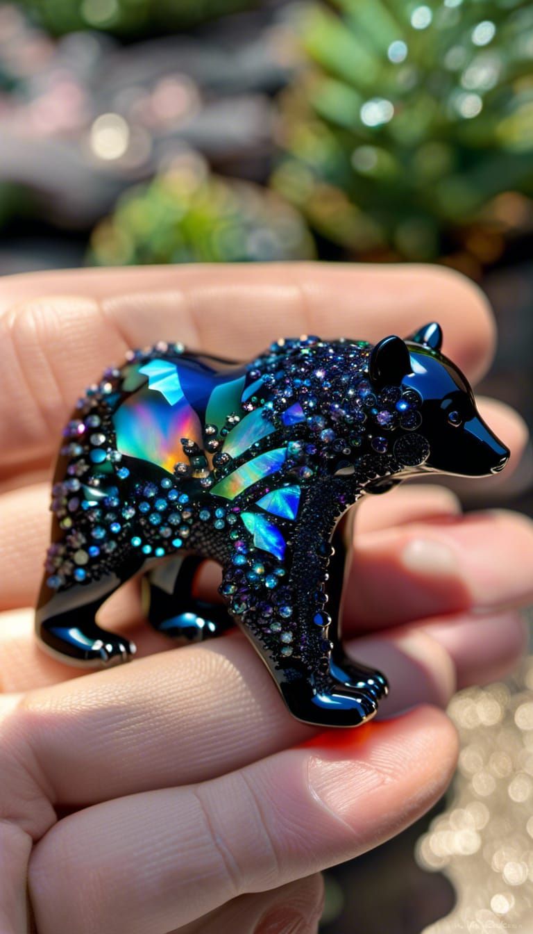 Opalescent Obsidian Bear with Crystal Details