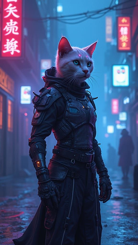 Cybernetic Ninja Cat in Neon Cyberpunk Dojo