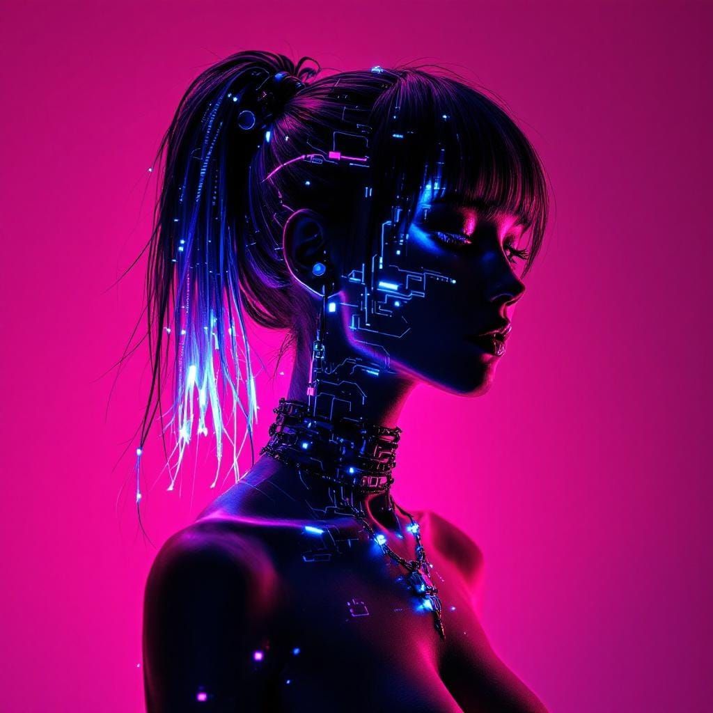 Cyberpunk Silhouette with Holographic Hair in Neon Cityscape
