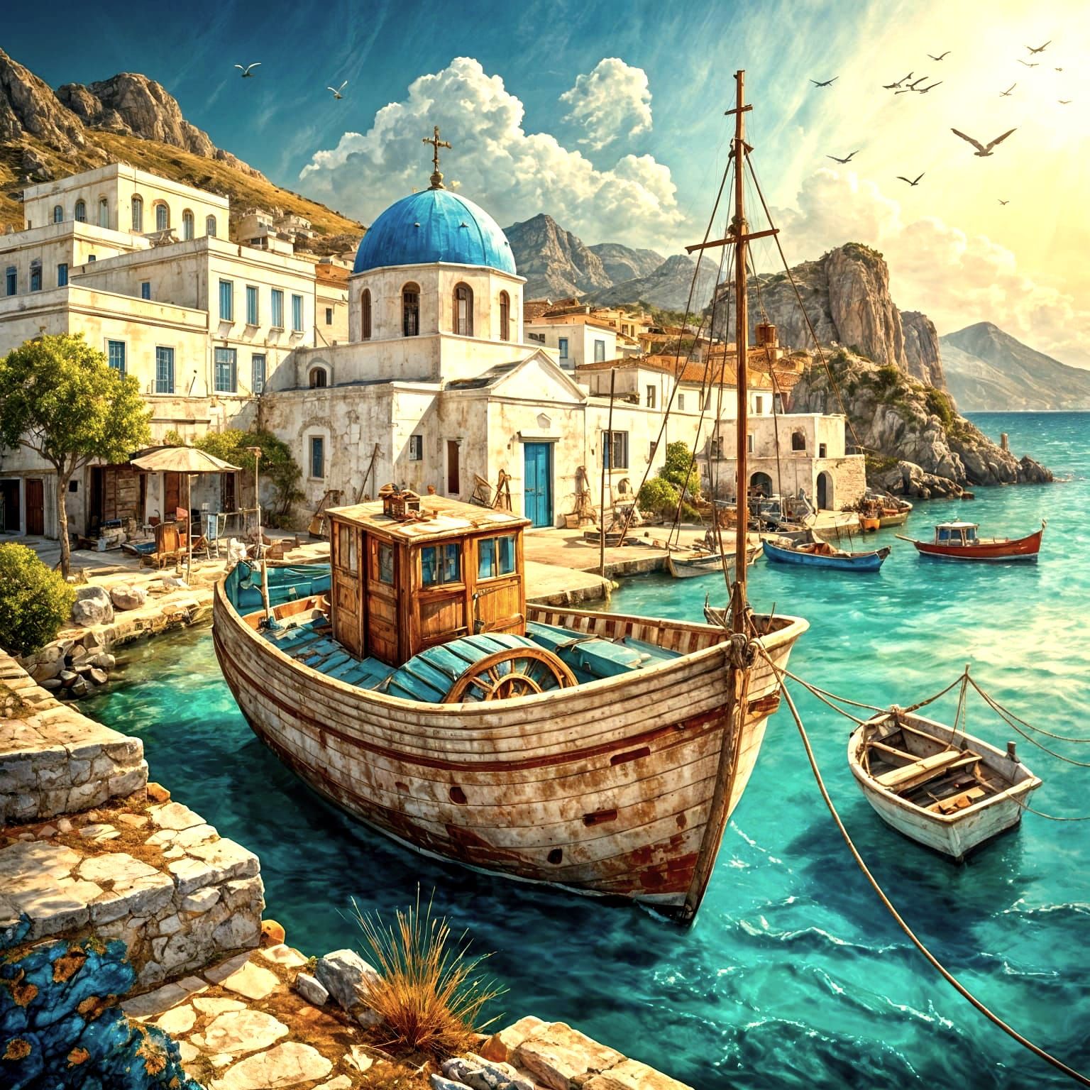 Greek Fishing Boat in Aegean Seaside Village